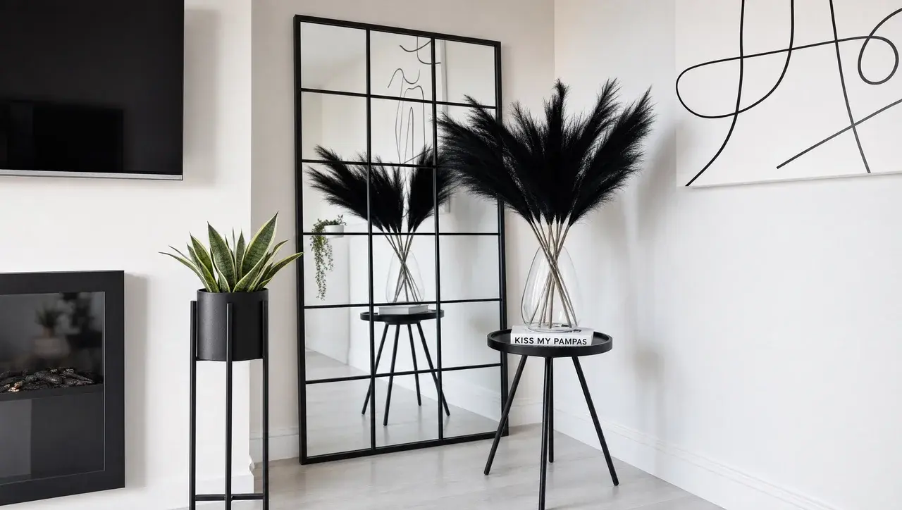 Vases et supports noirs devant une verrière dans un intérieur baigné de lumière