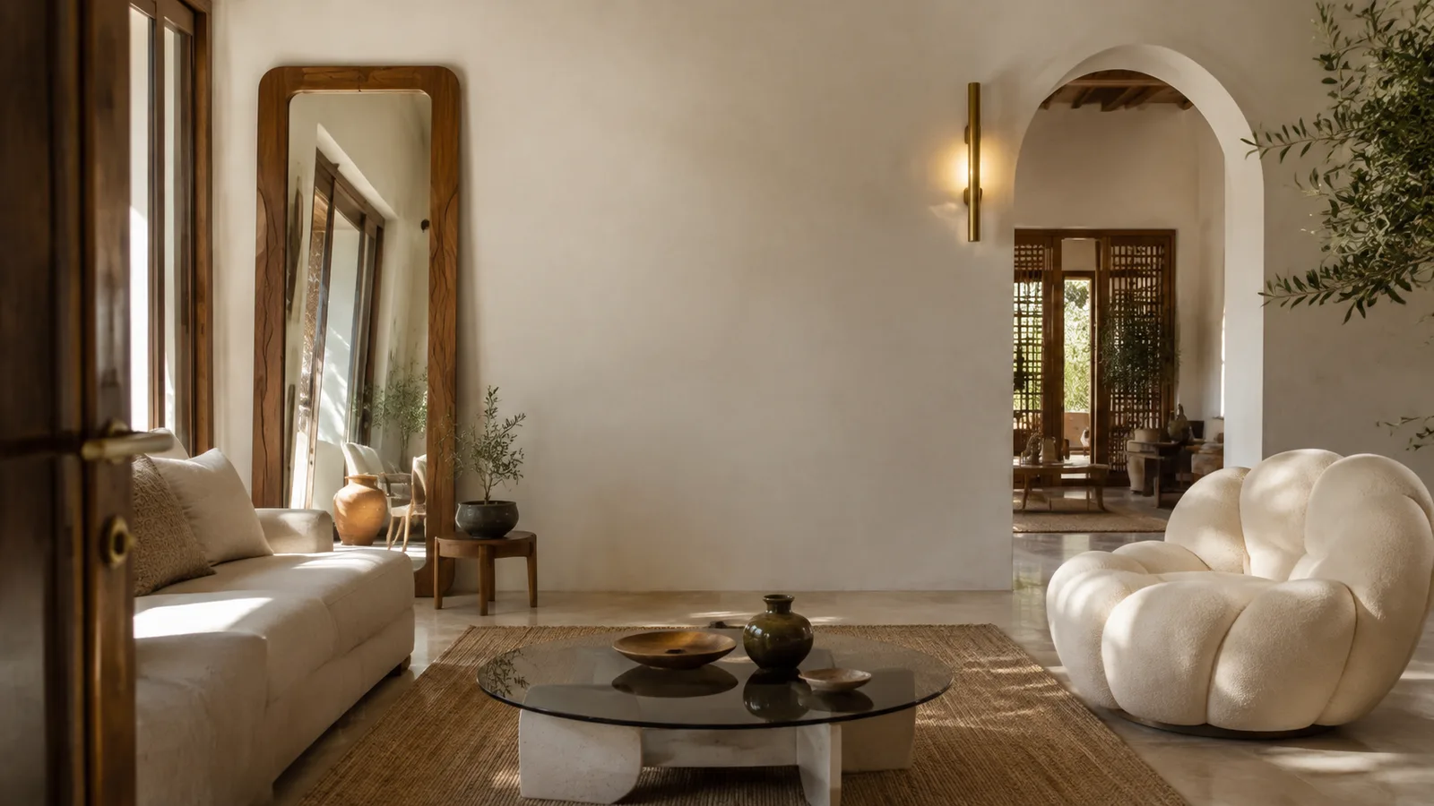Salon Ayachouf habillé de mobilier chaleureux et de matières naturelles